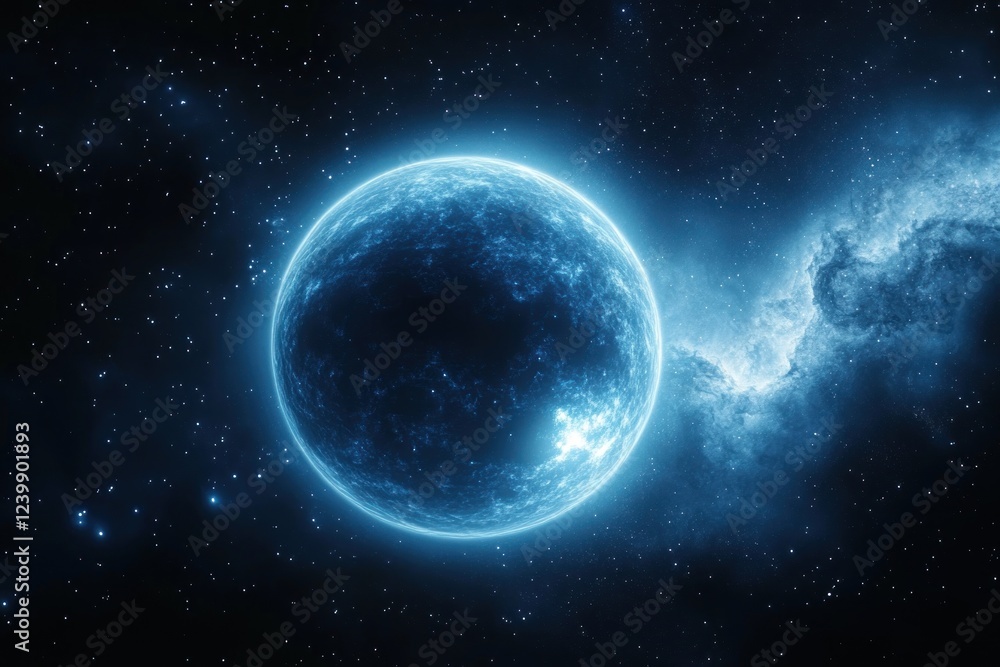 Obraz premium Glowing Blue Planet in Cosmic Space with Ethereal Nebula and Stars