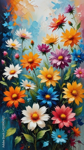 a colorful, textured abstract painting with a focus on a variety of flowers in the foreground, using thick, expressive brushstrokes to create a sense of depth and movement