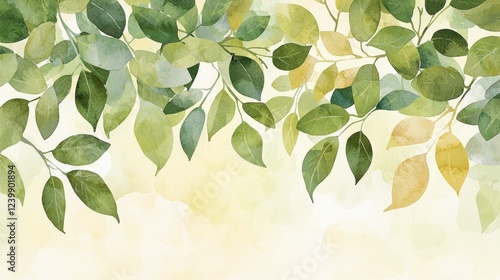 Serene Watercolor Green Leaves  Botanical Branch  Nature Background