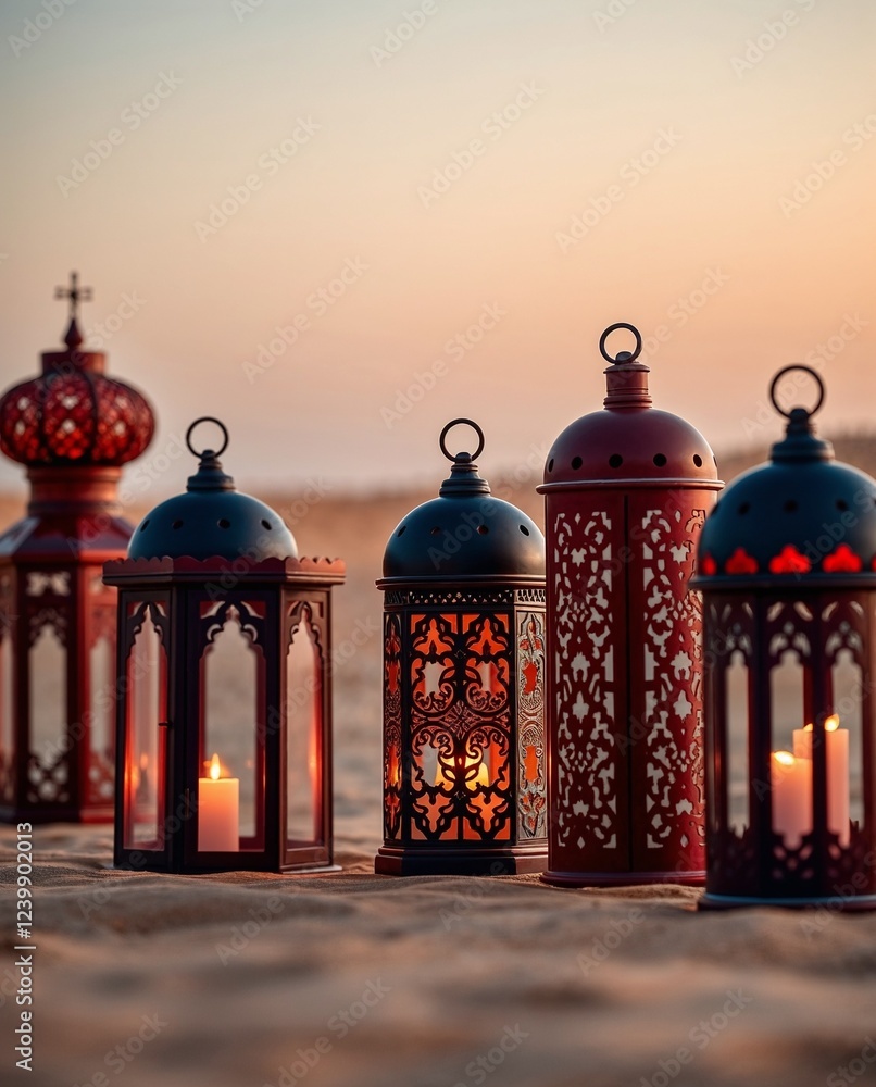 Fototapeta premium Ornate lanterns illuminating the desert sands at sunset during ramadan