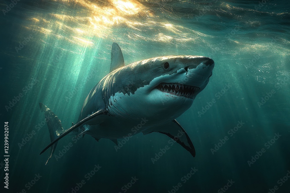 Fototapeta premium Great White Shark Swimming Underwater Majestic Predator Chiaroscuro Ocean Life