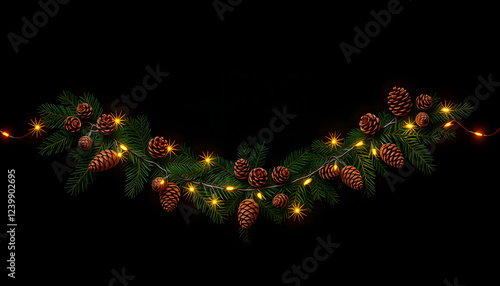 garland of fir branches and cones and lights on a black background with copy space, clipart style. isolated with white shades