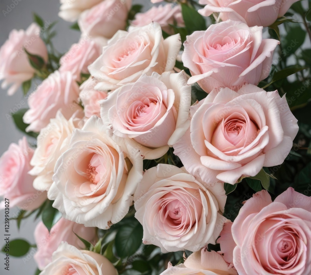 Freshly picked bouquet of roses with soft pink and white hues , arrangement, white Freshly picked bouquet of roses with soft pink and white hues , arrangement, white
