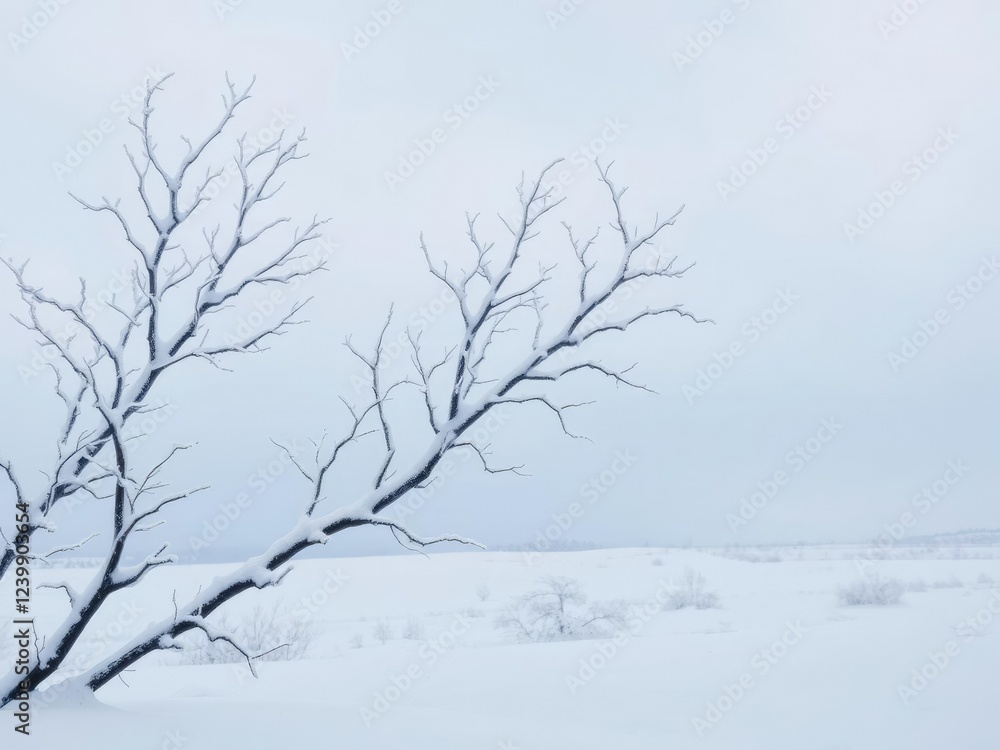 Frosty tree branches stretched like skeletal fingers across a snow-covered landscape, silhouetted against the pale blue of a winter sky., whiteout conditions, frosty atmosphere Frosty tree branches stretched like skeletal fingers across a snow-covered landscape, silhouetted against the pale blue of a winter sky., whiteout conditions, frosty atmosphere