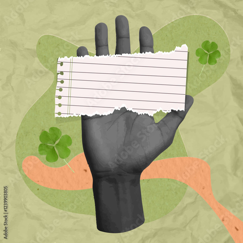 Collage of a hand holding a blank notepad with clovers for Saint Patrick's Day, vector illustration