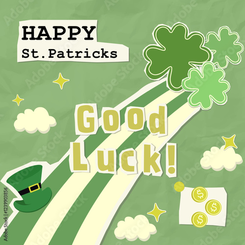 Happy St. Patrick's Day design with clovers, leprechaun hat, and good luck message, vector illustration