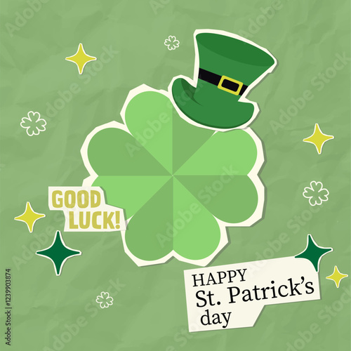 Happy St. Patrick's Day design featuring a clover and festive hat with a good luck message, vector illustration