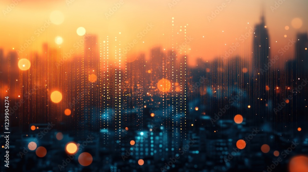 Fototapeta premium Cityscape at Sunset: A Digital Metropolis