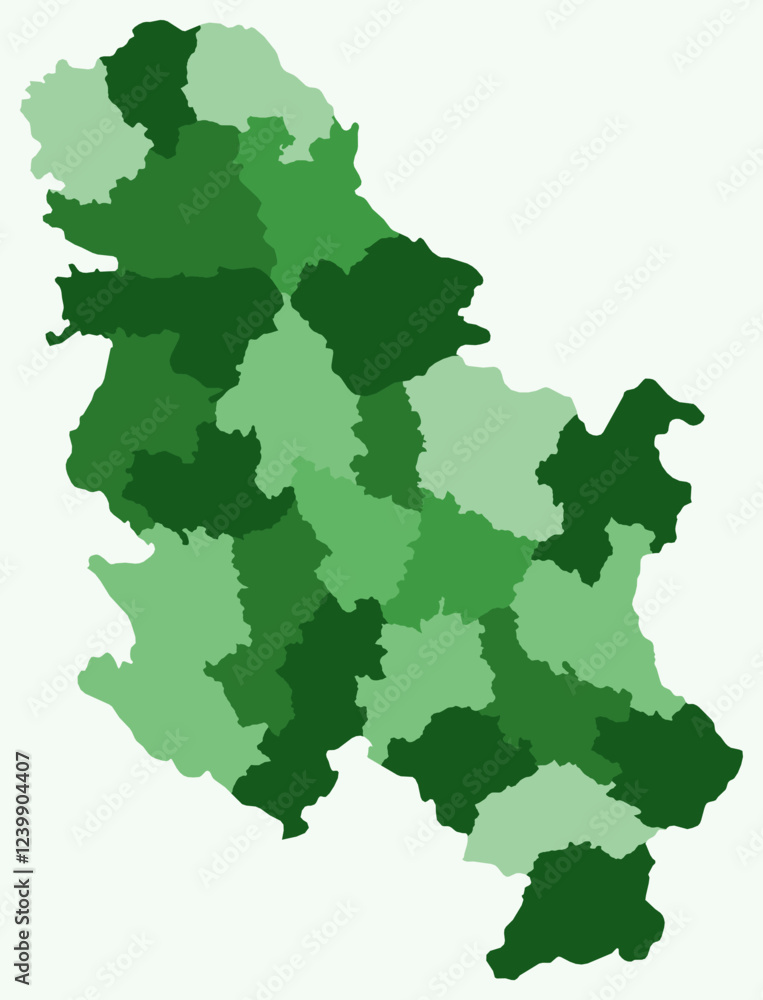 Map of Serbia with regions. A simple country border map with region division. Green color palette. Flat Republic of Serbia shape with administrative division. Vector illustration. Map of Serbia with regions. A simple country border map with region division. Green color palette. Flat Republic of Serbia shape with administrative division. Vector illustration.