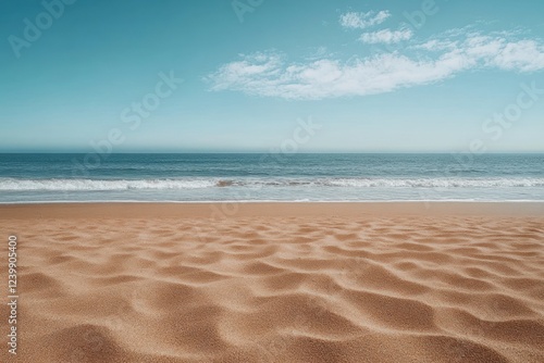 Tropical Beach Scene with Golden Sand Under Clear Blue Sky and Soft Natural Light photo