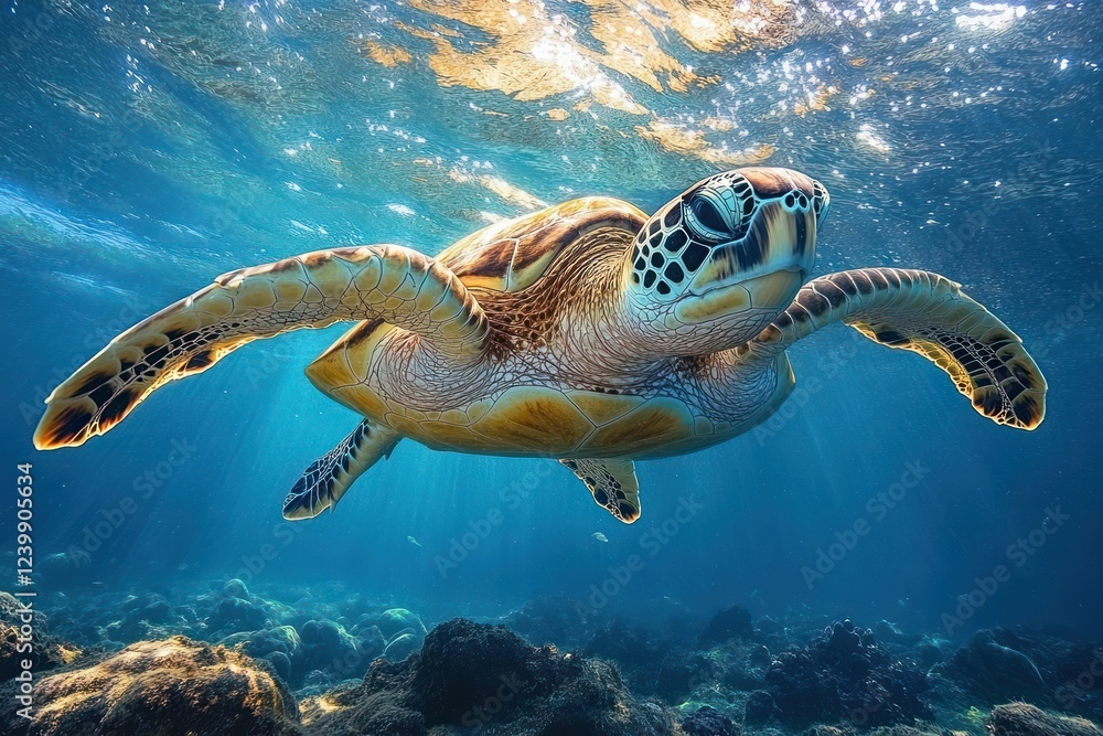 Fototapeta premium Majestic Sea Turtle Swimming in Vibrant Blue Ocean Water Under Sunlight