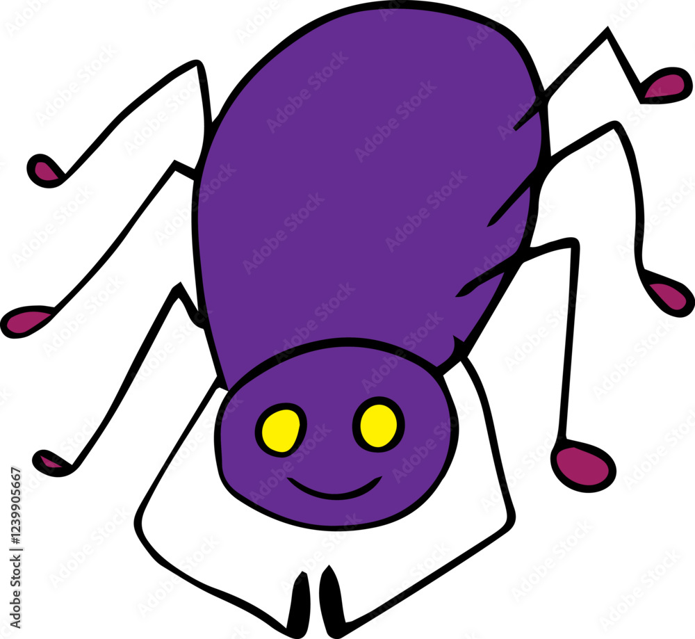 Fototapeta premium smiling cute funny purple spider with yellow eyes with eight legs looking at camera