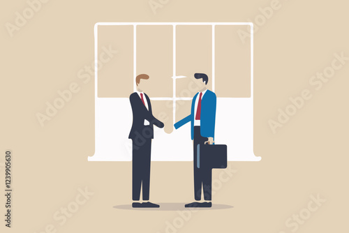 Business professionals shaking hands to showcase cooperation through a mobile display. Illustration - vector.