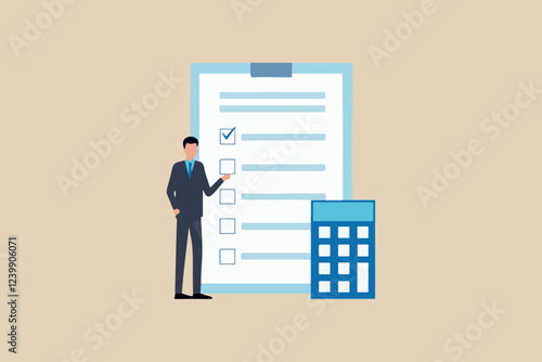 Businessman clipboard with pen and writing   Businessman holding checklist and pencil. Questionnaire, survey, task list. Vector illustration