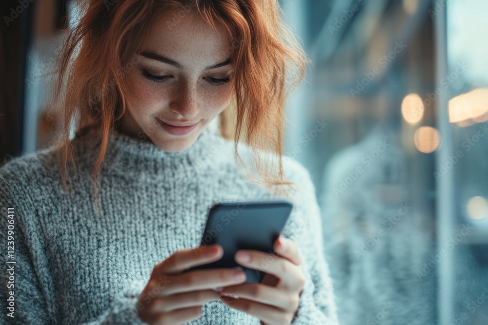 Fototapeta premium Young businesswoman using smartphone in cozy cafe