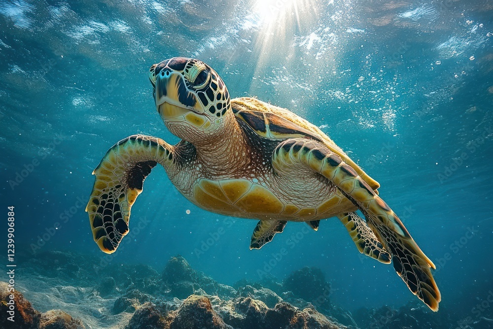 Fototapeta premium Majestic Sea Turtle Swimming Underwater with Coral and Colorful Fish in Maldives Ocean