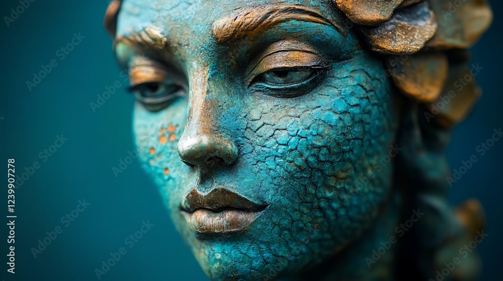 Close up portrait of a mesmerizing mystical creature sculpture with scale skin Close up portrait of a mesmerizing mystical creature sculpture with scale skin