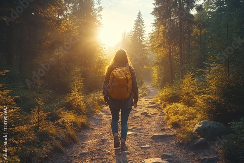 Woman hiking forest path sunrise (1)