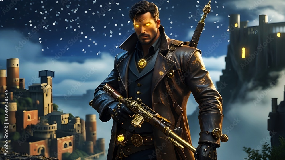 Fototapeta premium A steampunk warrior with glowing eyes holds a futuristic rifle, standing on a cliff overlooking a misty city at night. Dark fantasy and adventure theme