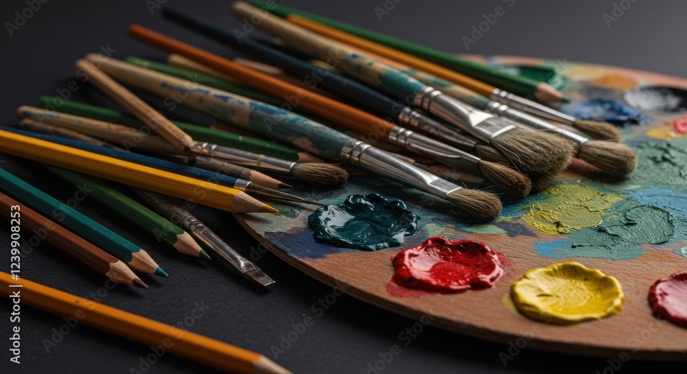 Obraz premium Artistic Tools on Wooden Palette with Colorful Paint and Brushes for Creative Exploration and Masterpieces