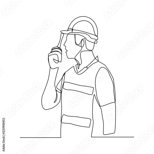 Continuous single line sketch drawing male architect engineer constructor building talking with walkie talkie radio control receiver. One line art of occupation professional work vector illustration