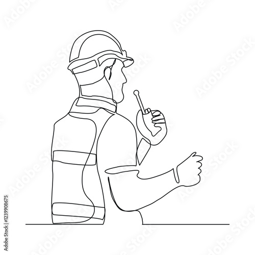 Continuous single line sketch drawing male architect engineer constructor building talking with walkie talkie radio control receiver. One line art of occupation professional work vector illustration