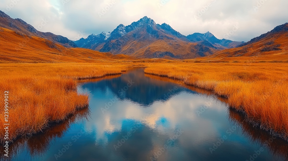 Fototapeta premium Autumnal mountain lake reflection, serene landscape (2)