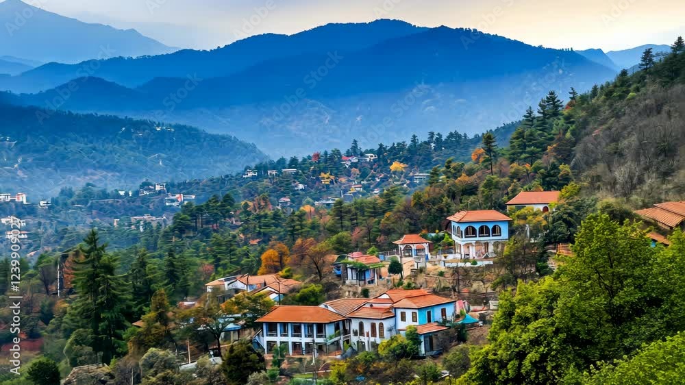 Scenic hillside village nestled among mountains during twilight, showcasing traditional architecture and natural beauty Scenic hillside village nestled among mountains during twilight, showcasing traditional architecture and natural beauty