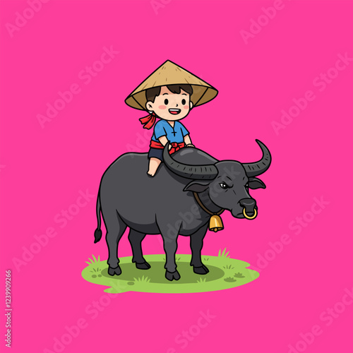 Cute Boy Riding Water Buffalo Cartoon Illustration