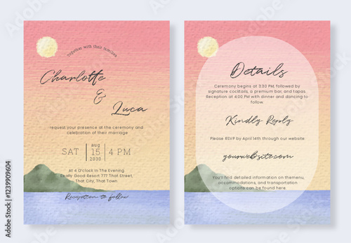 Watercolor Sunset Flower Field Wedding Card Set Elegant Nature Scene For Rustic Wedding