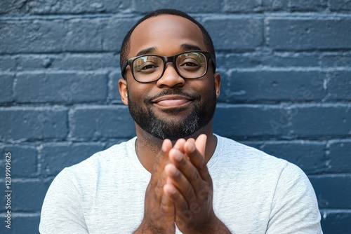 Portrait of a Smiling Man with Glasses Against a Blue Brick Wall, Peaceful and Hopeful Expression.