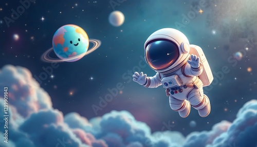 Cute Astronaut Floating in Space Near Planet
