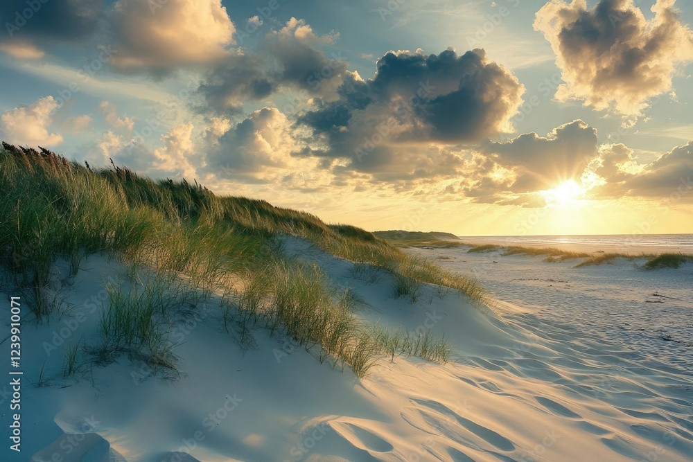 Obraz premium golden hour at coastal sand dunes dramatic sky with cotton candy clouds