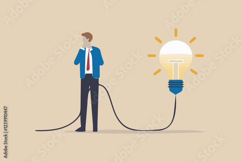 An illustration of a businessman connecting an electric plug to turn on a bright lightbulb idea Creativity to create a new idea, imagination or invention, inspiration