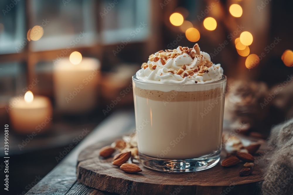 Warm beverage with whipped cream and nuts, cozy ambiance. Perfect for blogs, websites, or ads promoting winter drinks and comfort. Warm beverage with whipped cream and nuts, cozy ambiance. Perfect for blogs, websites, or ads promoting winter drinks and comfort.