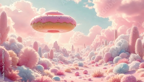 Pink Donut Ufo in Dreamy Candy Land Landscape