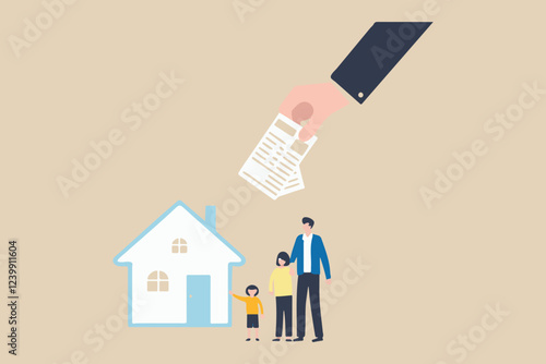 Real estate concept. Buy house poster. Real Estate and Happy Family Concept: Hand-holding magic pen and writing house and family icons.