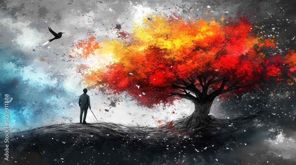 Obraz premium Man contemplating a fiery autumn tree under a stormy sky.