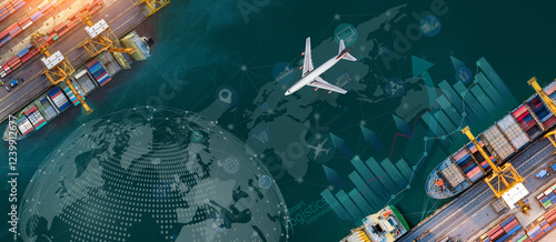 Aerial view and top view cargo plane flying above ship port in the export and import business and Smart logistics international goods. Shipping cargo to harbor by crane