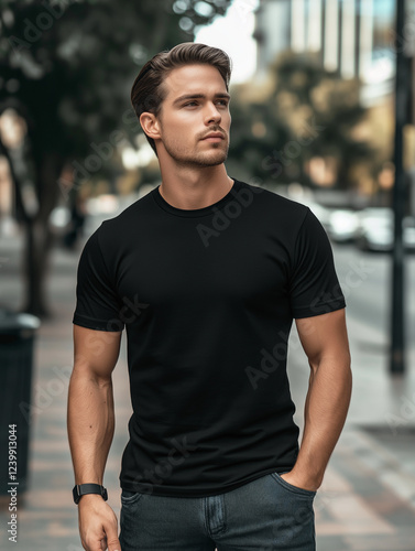 Young Model Shirt Mockup, Boy wearing black t-shirt on street in daylight, Shirt Mockup Template on hipster adult for design print, Male guy wearing casual t-shirt mockup placement