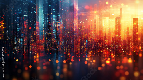 A dynamic digital cityscape teeming with vibrant lights, symbolizing progress, technology, and the future. A modern, abstract representation of innovation amidst a chaotic yet evolving urban environme photo