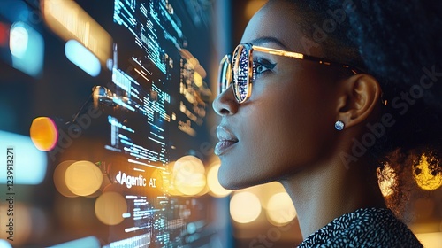 Businesswoman Analyzing Data with AI Assistant in Urban Setting