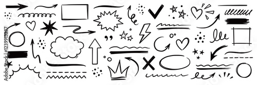 Line hand drawn marker arrow, heart, text highlight brush shape element set. Hand drawn sketch marker underline shape, arrow, star scribble brush pen stroke element. Vector illustration.
