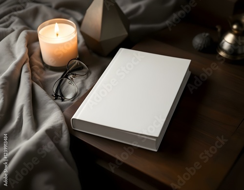 Blank Book Mockup with Candle and Glasses Cozy Scene