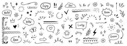 Cute line sketch star, arrow, cloud decoration element icon set. Hand drawn sketch doodle cute star, heart, flower element. Line text decoration scribble shape icon. Hand drawn Vector illustration.