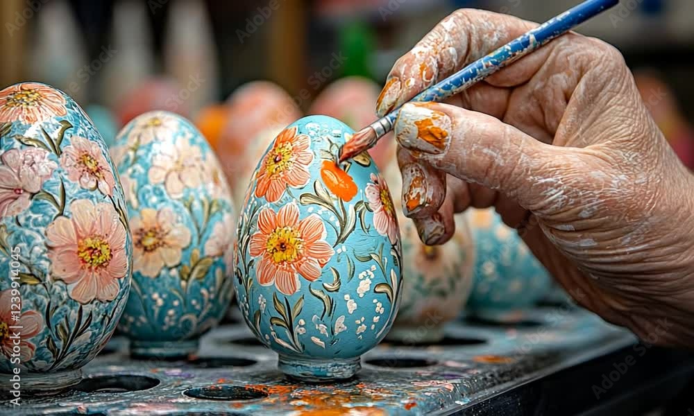 Hand painting decorative floral designs on colorful Easter eggs in a vibrant workshop setting