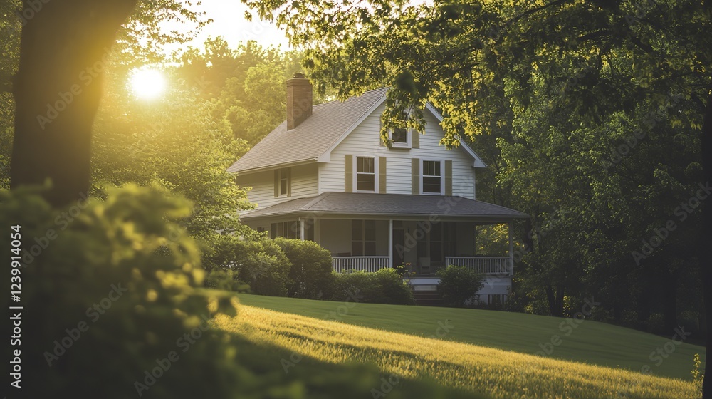 Tranquil suburban home embraced by greenery, bathed in soft natural light, radiating warmth and harmony. Tranquil suburban home embraced by greenery, bathed in soft natural light, radiating warmth and harmony.