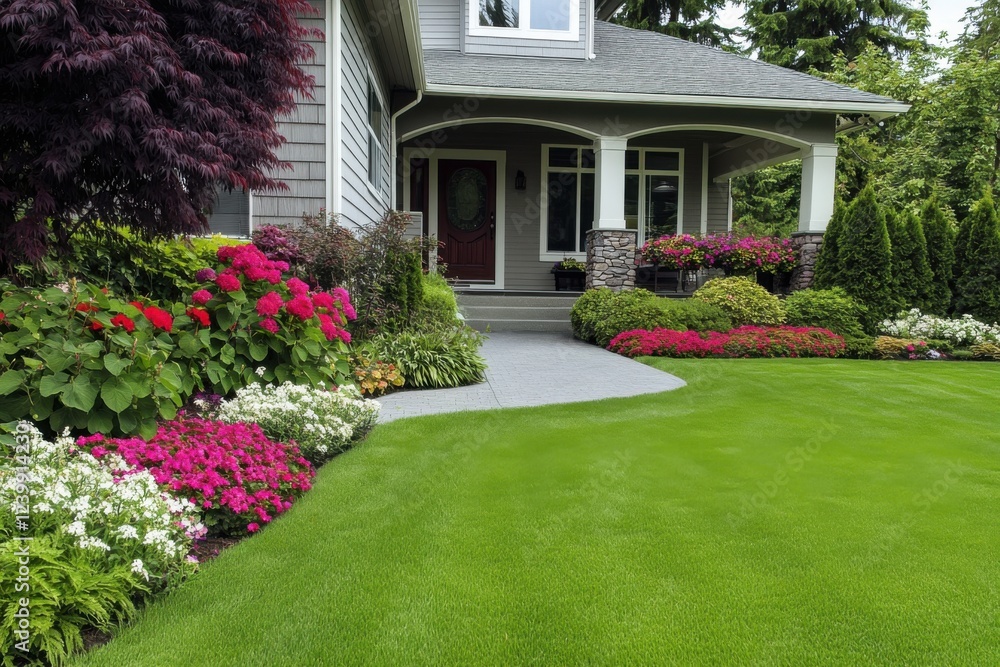 Obraz premium Charming Suburban House with Lush Green Lawn