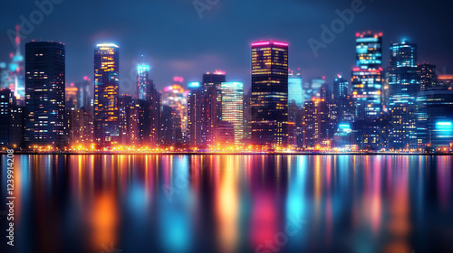 A dynamic digital cityscape teeming with vibrant lights, symbolizing progress, technology, and the future. A modern, abstract representation of innovation amidst a chaotic yet evolving urban environme photo