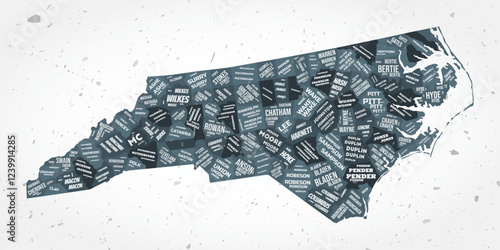 North Carolina counties word clouds. State shape on textured background. North Carolina design in typographic style. Elegant vector illustration.